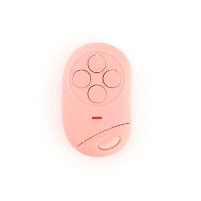 Pink 4-button compact remote control with rounded design on white background